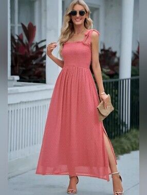 Swiss Dot Maxi Dress With Tie Straps And Side Split